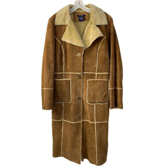 Boston Proper Patchwork Leather Midi Coat Size 12 Studs GUC 6635 Western - Picture 1 of 13